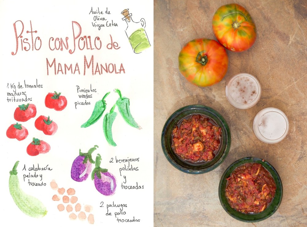 receta ilustrada en español de pisto con pollo tomates pimientos berenjenas dibujos .jpg